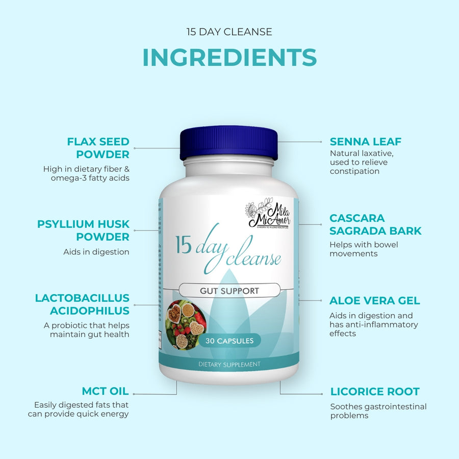 15 DAY CLEANSE GUT AND COLON SUPPORT WITH SENNA CASCARA SAGRADA AND PSYLLIUM HUSK CAFFEINE FREE