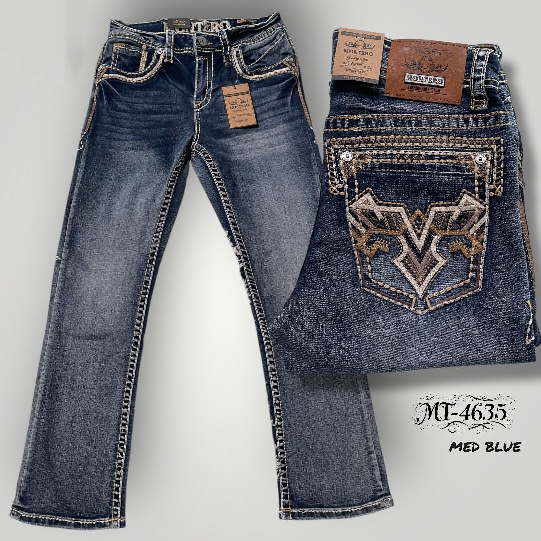 STRETCH BOOT CUT EMBROIDERED POCKETS DENIM JEANS