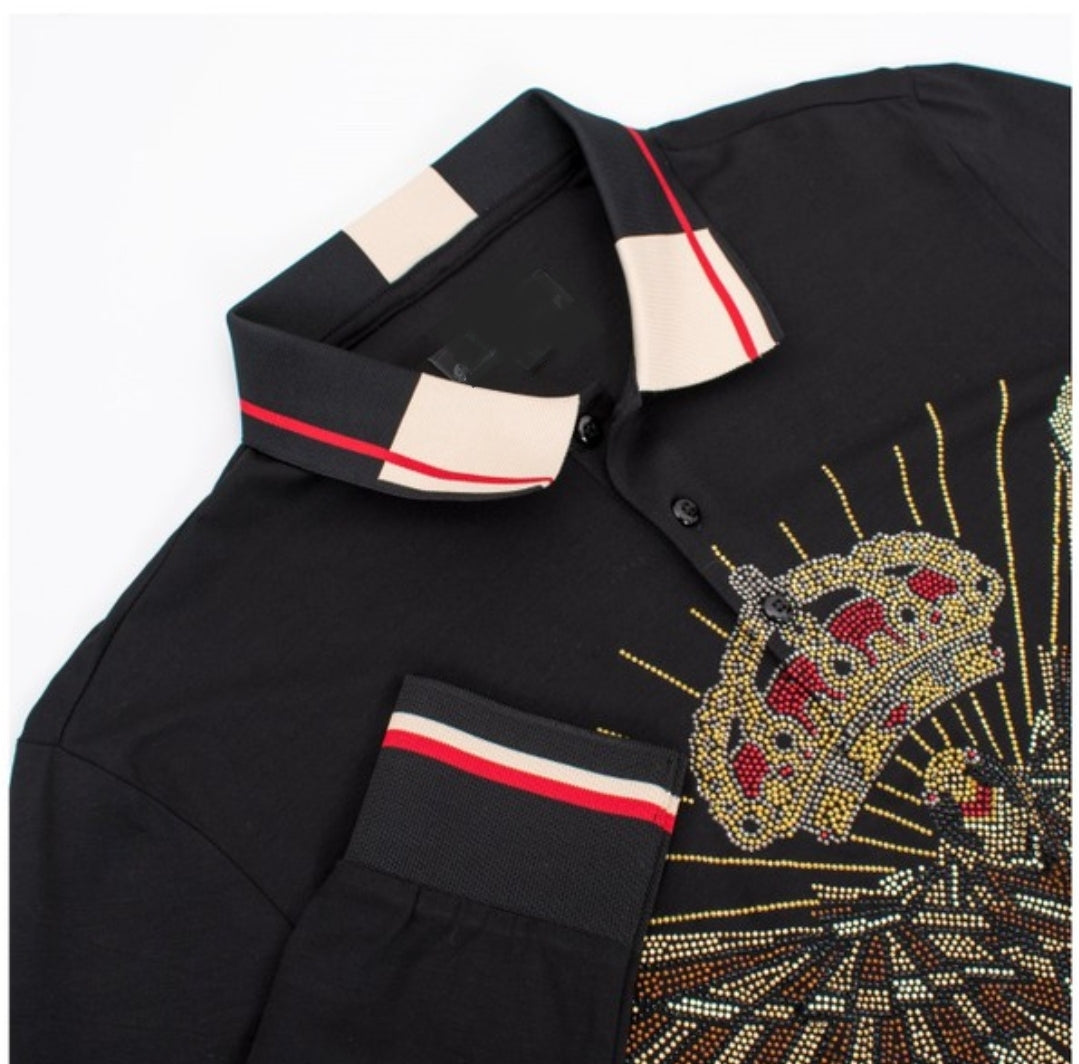RHINESTONE EMBELLISHED ENCRUSTED LONG SLEEVE POLO SHIRT