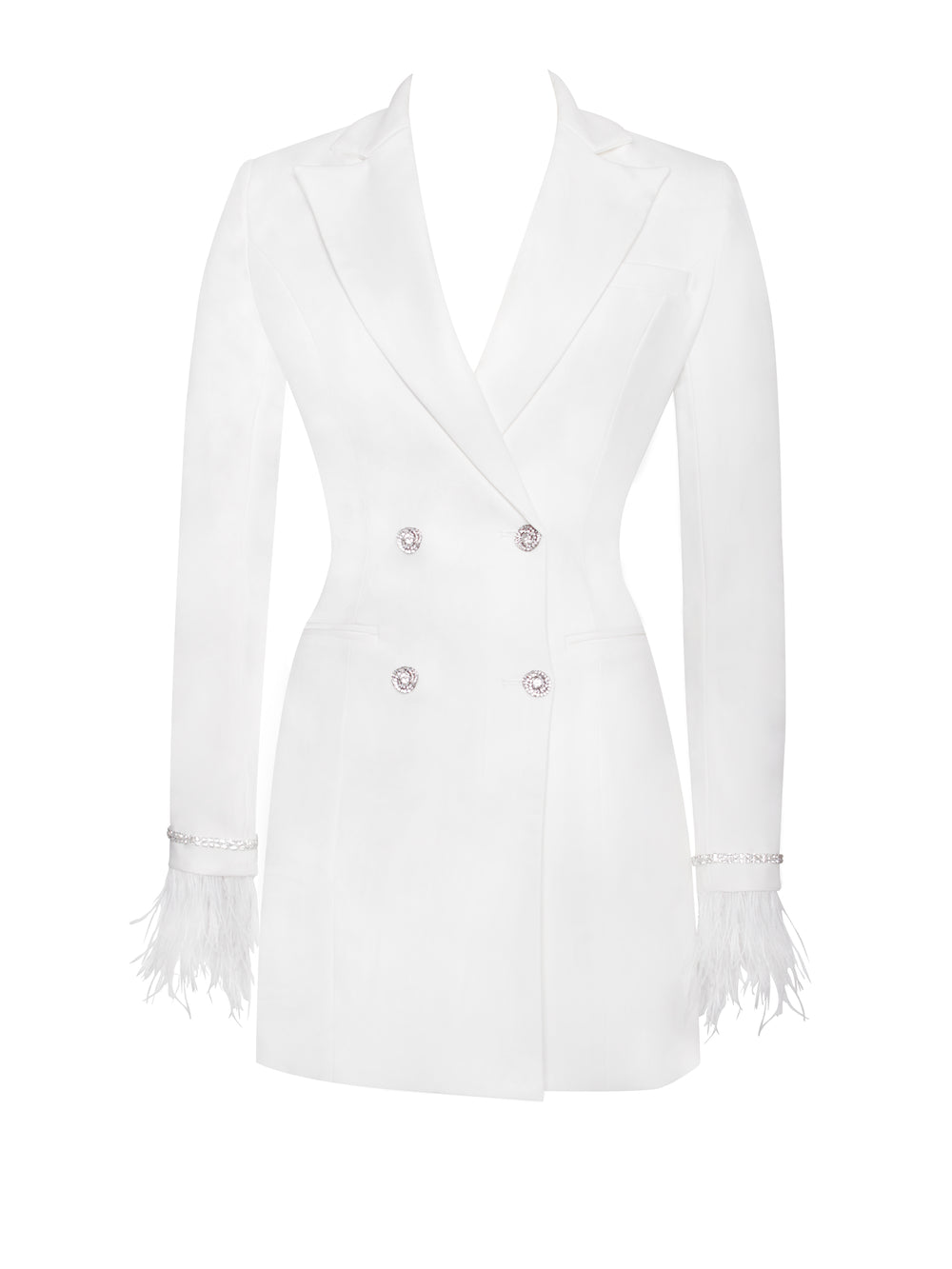 WHITE FEATHER CRYSTAL SLEEVE BACKLESS BLAZER DRESS
