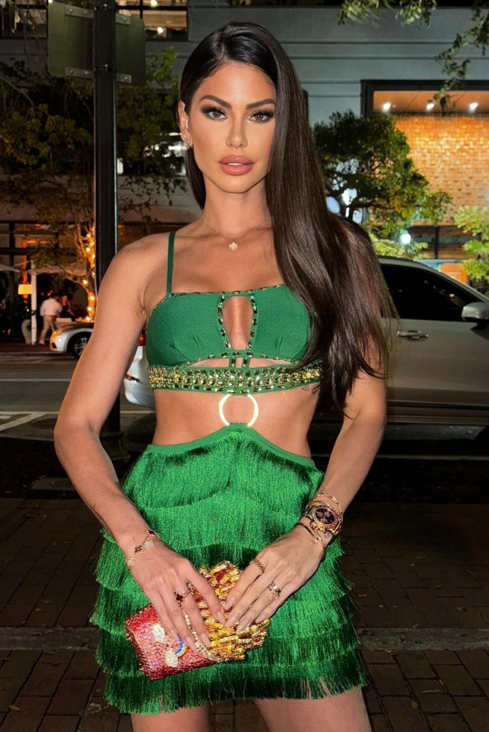 EMERALD FEATHER FRINGE RHINESTONE CUTOUT DRESS