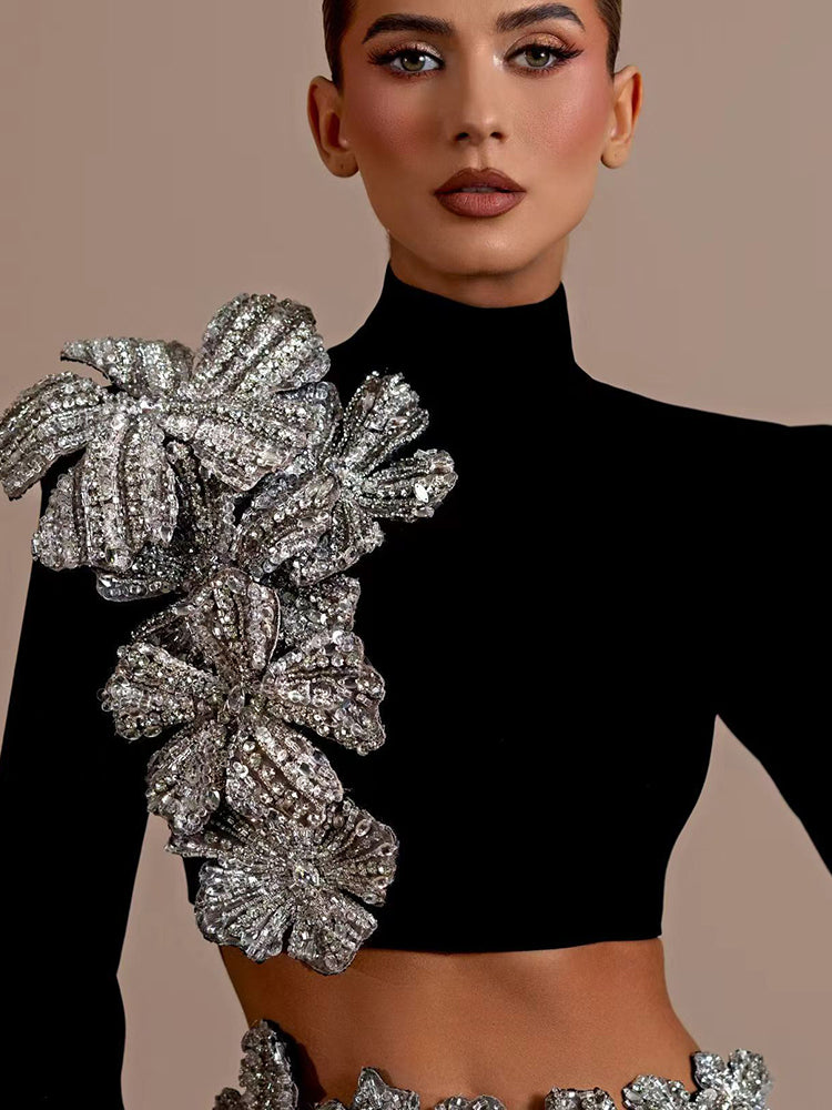 FLOWER RHINESTONE BANDAGE SET TOP AND SKIRT