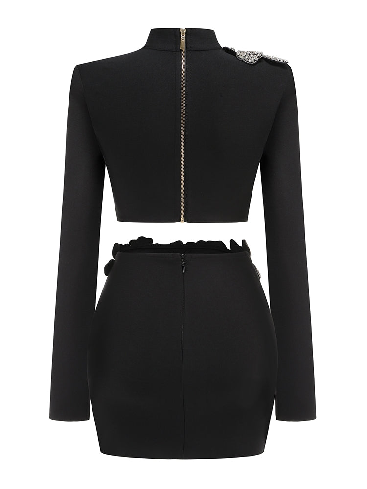 FLOWER RHINESTONE BANDAGE SET TOP AND SKIRT