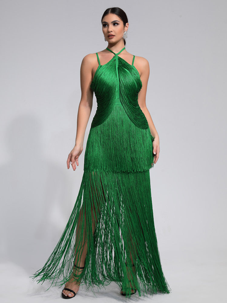 TULUM SPAGHETTI FRINGE BANDAGE MAXI DRESS