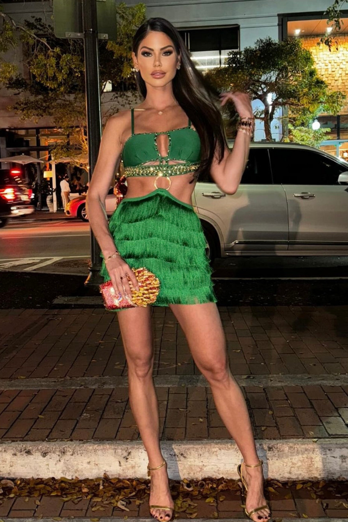 EMERALD FEATHER FRINGE RHINESTONE CUTOUT DRESS