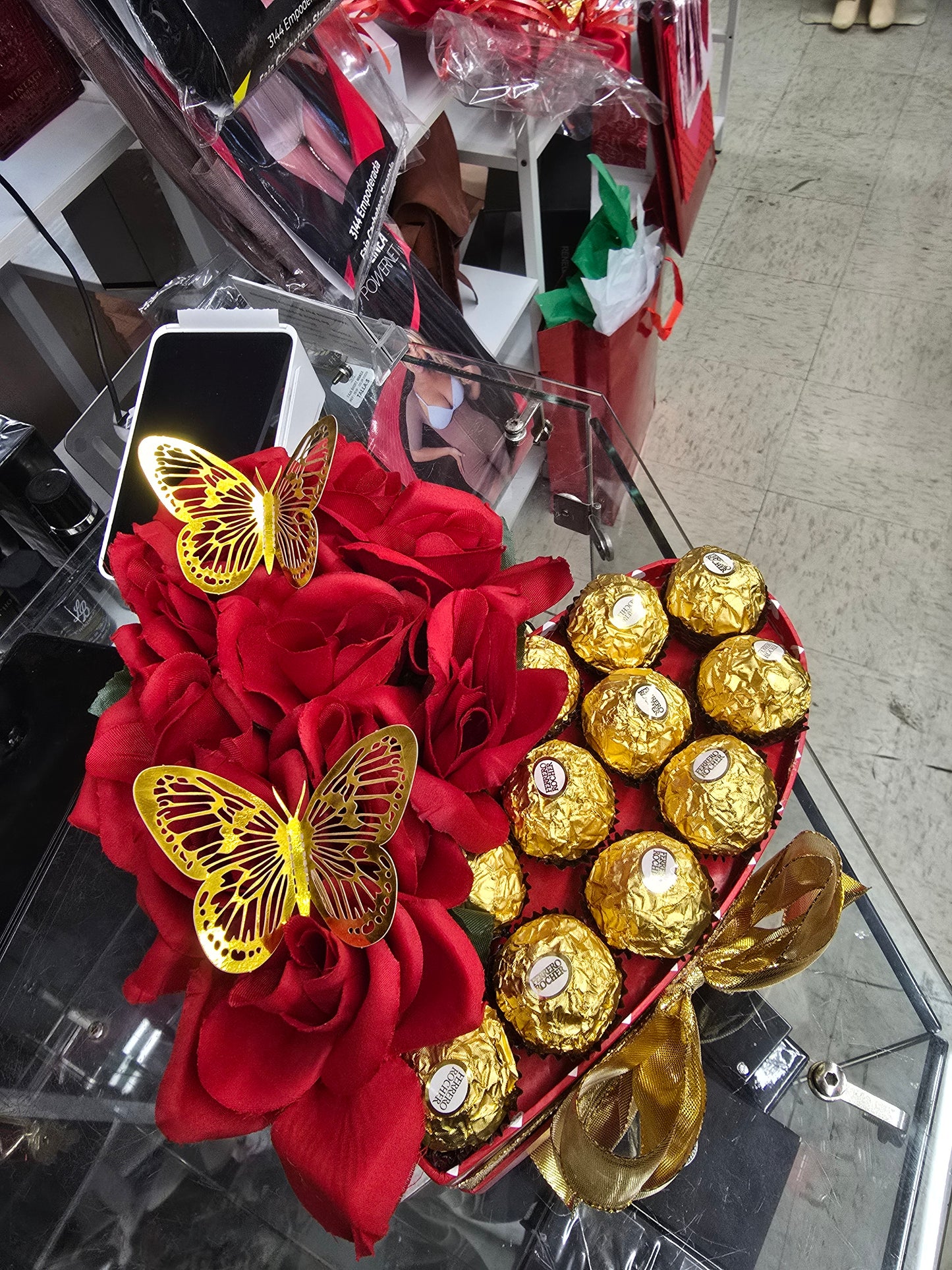 VALENTINE PERSONALIZED HEART BOX WITH FERRERO ROCHER CHOCOLATES AND ROSES