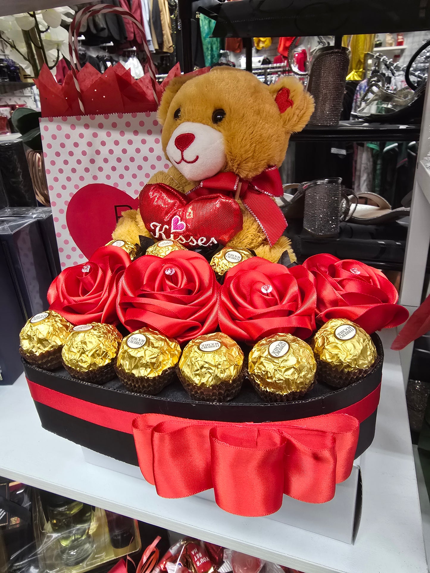 VALENTINE PERSONALIZED ETERNAL ROSES TEDDY BEAR AND CHOCOLATE