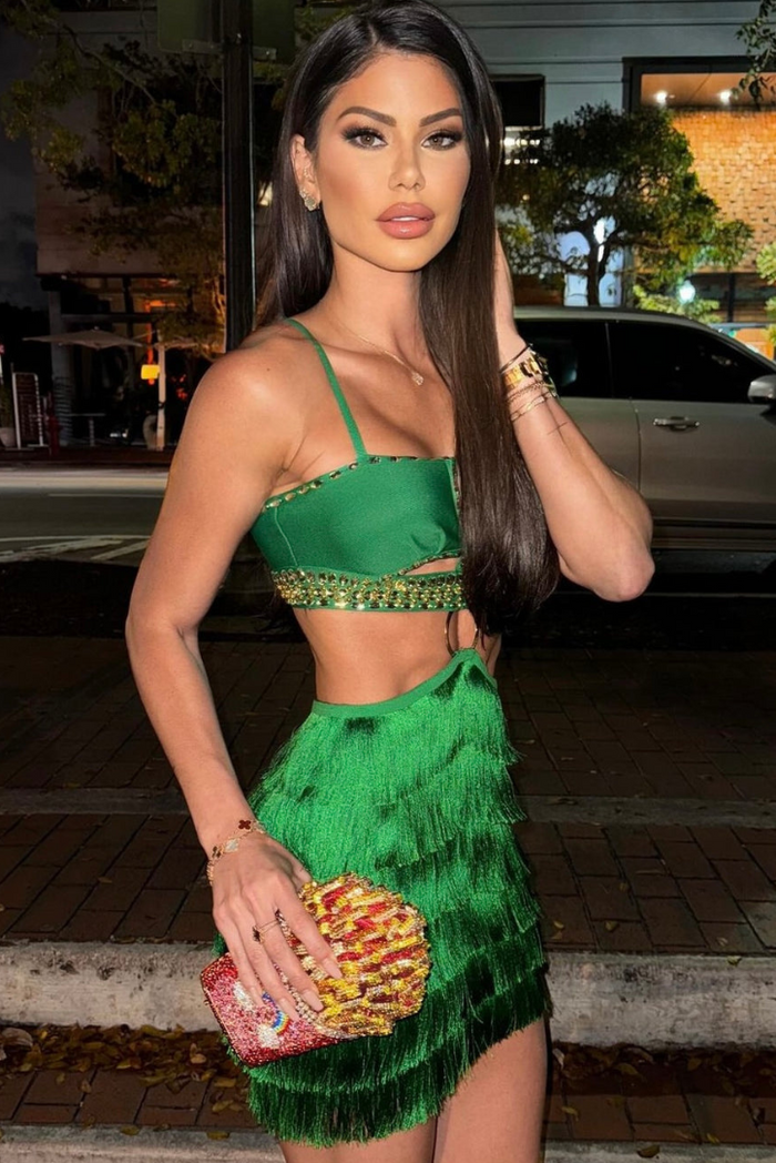 EMERALD FEATHER FRINGE RHINESTONE CUTOUT DRESS