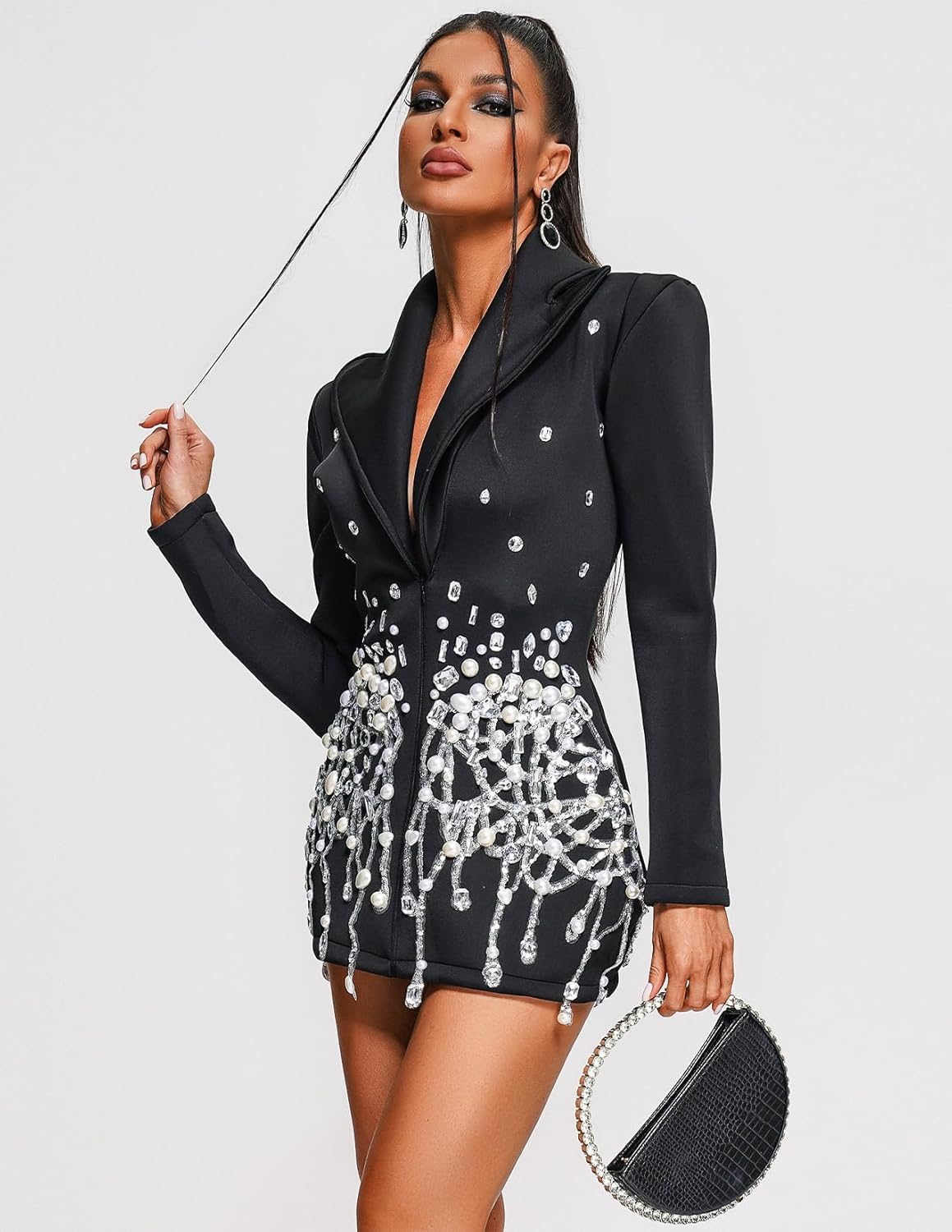 CRYSTAL EMBELLISHED LONG SLEEVE V-NECK BLAZER DRESS