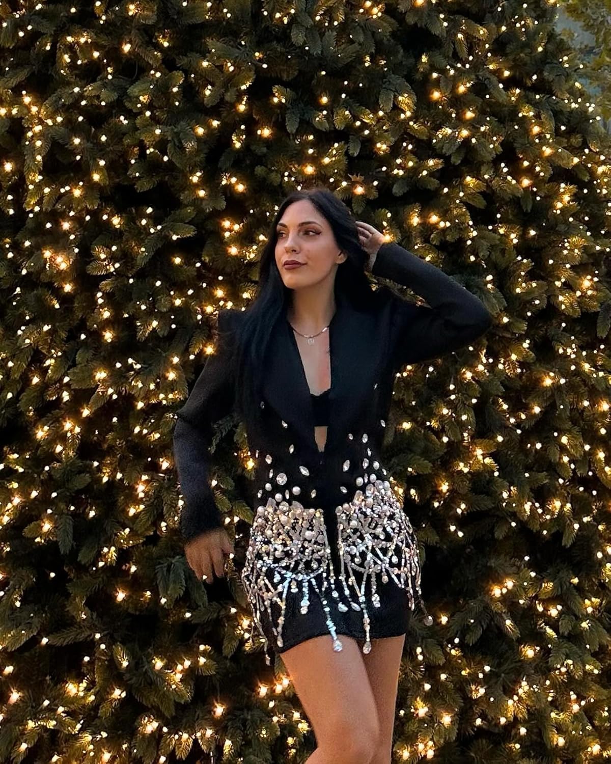 CRYSTAL EMBELLISHED LONG SLEEVE V-NECK BLAZER DRESS