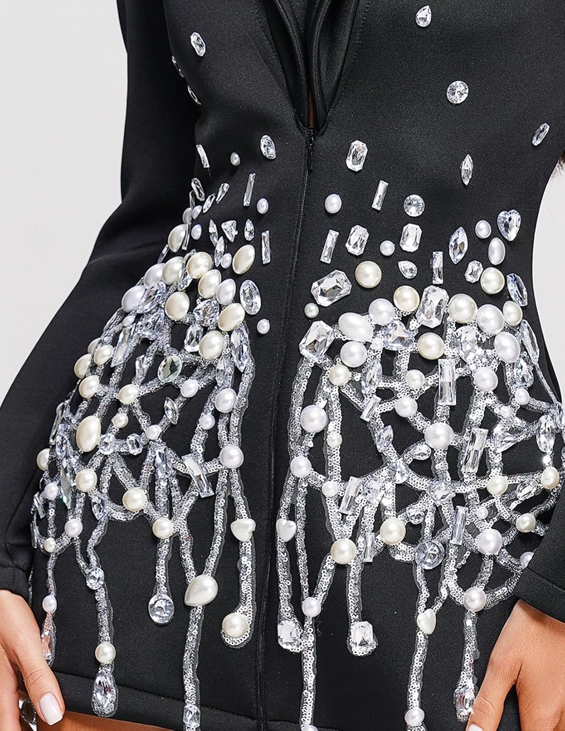 CRYSTAL EMBELLISHED LONG SLEEVE V-NECK BLAZER DRESS