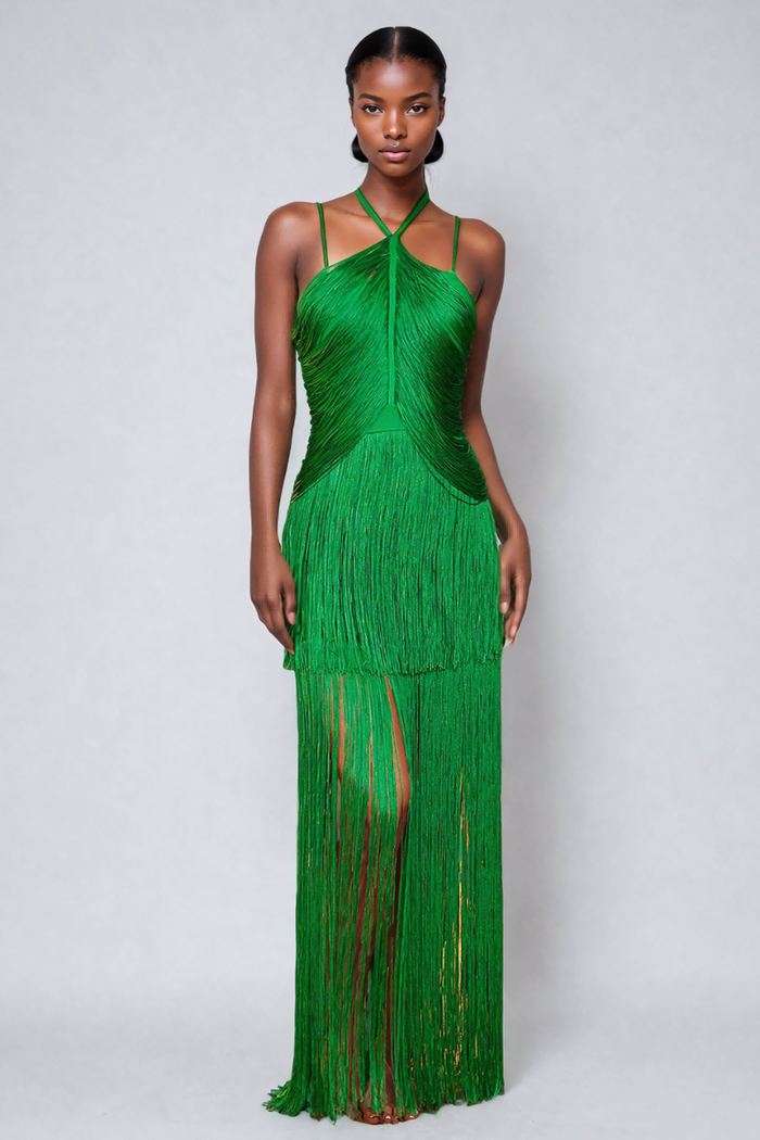 TULUM SPAGHETTI FRINGE BANDAGE MAXI DRESS