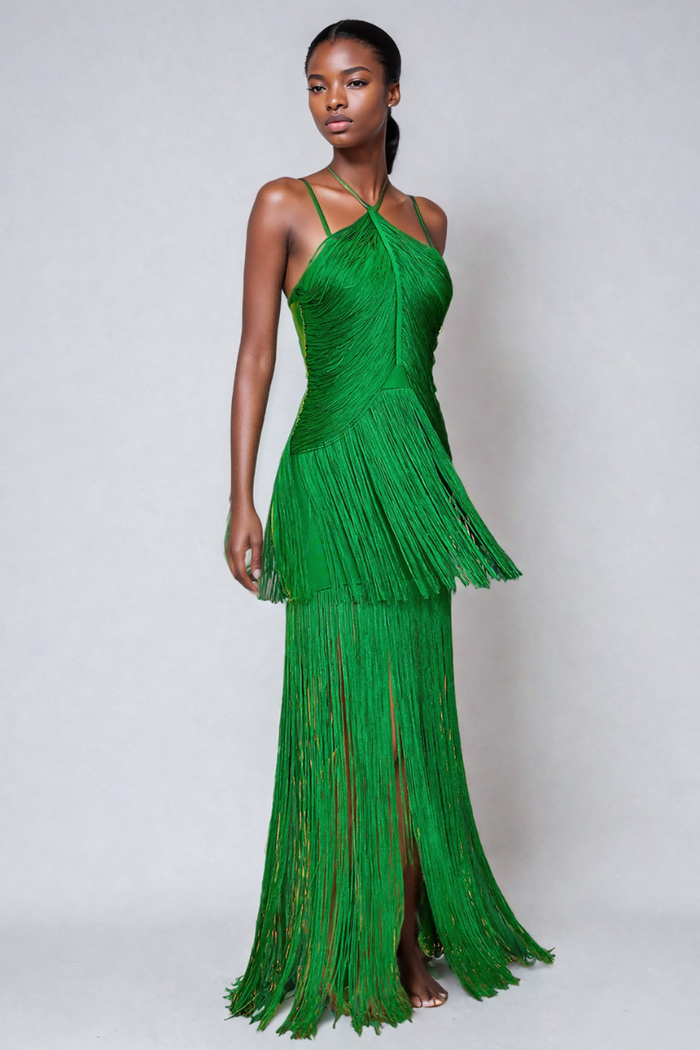 TULUM SPAGHETTI FRINGE BANDAGE MAXI DRESS