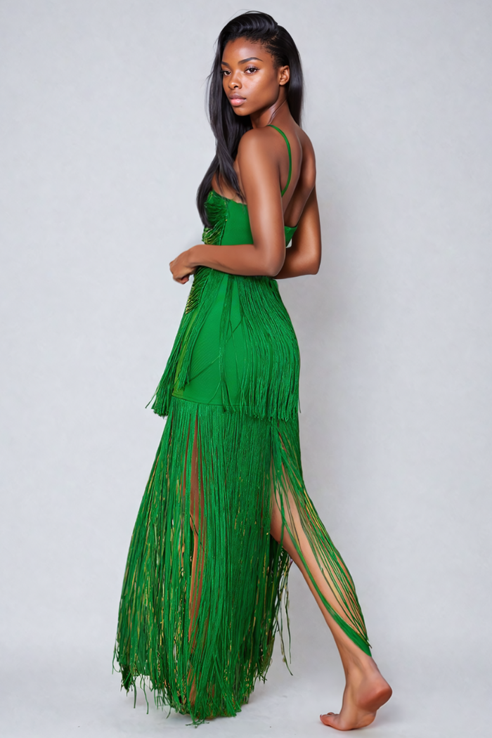 TULUM SPAGHETTI FRINGE BANDAGE MAXI DRESS