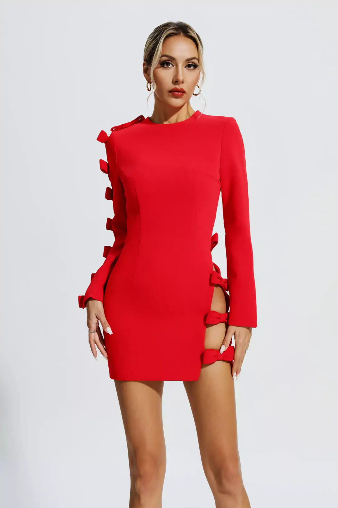 CAMILA ASYMMETRIC CUTOUT BOW BANDAGE MINI DRESS