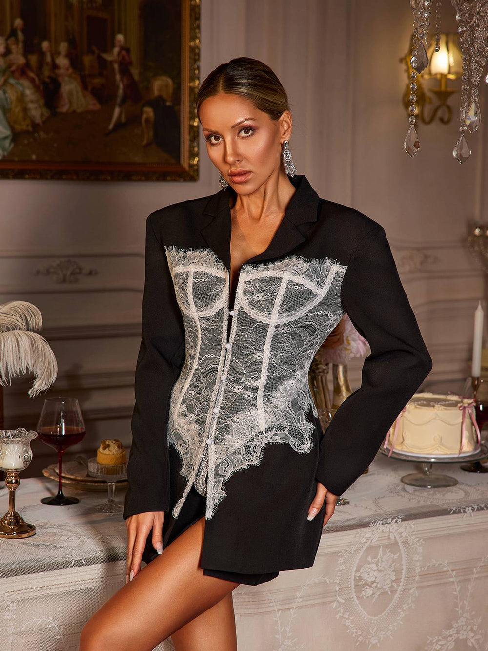 KATIE LACE CORSET LAPEL BLAZER IN BLACK