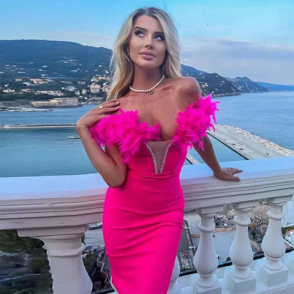 FEATHER PLUNGE BANDAGE MIDI DRESS