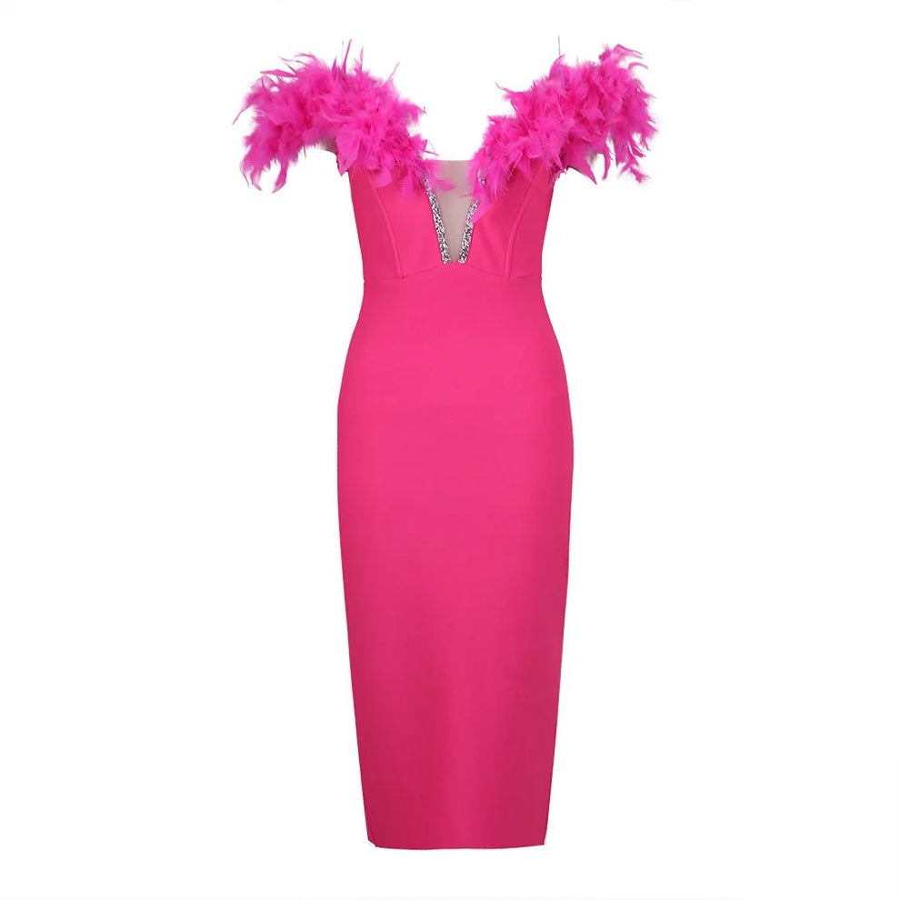 FEATHER PLUNGE BANDAGE MIDI DRESS