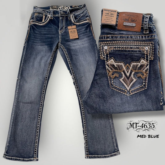 STRETCH BOOT CUT EMBROIDERED POCKETS DENIM JEANS
