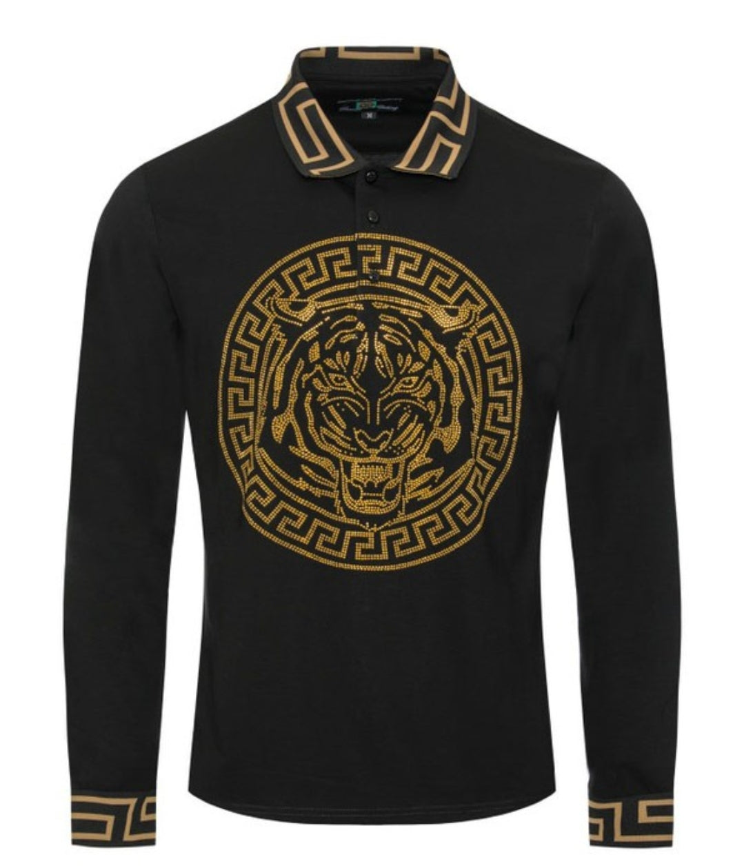 LION RHINESTONE ENCRUSTED LONG SLEEVE POLO SHIRT