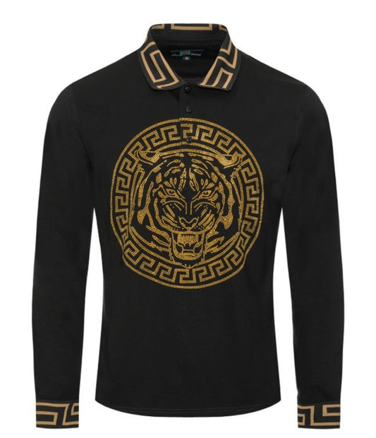 LION RHINESTONE ENCRUSTED LONG SLEEVE POLO SHIRT