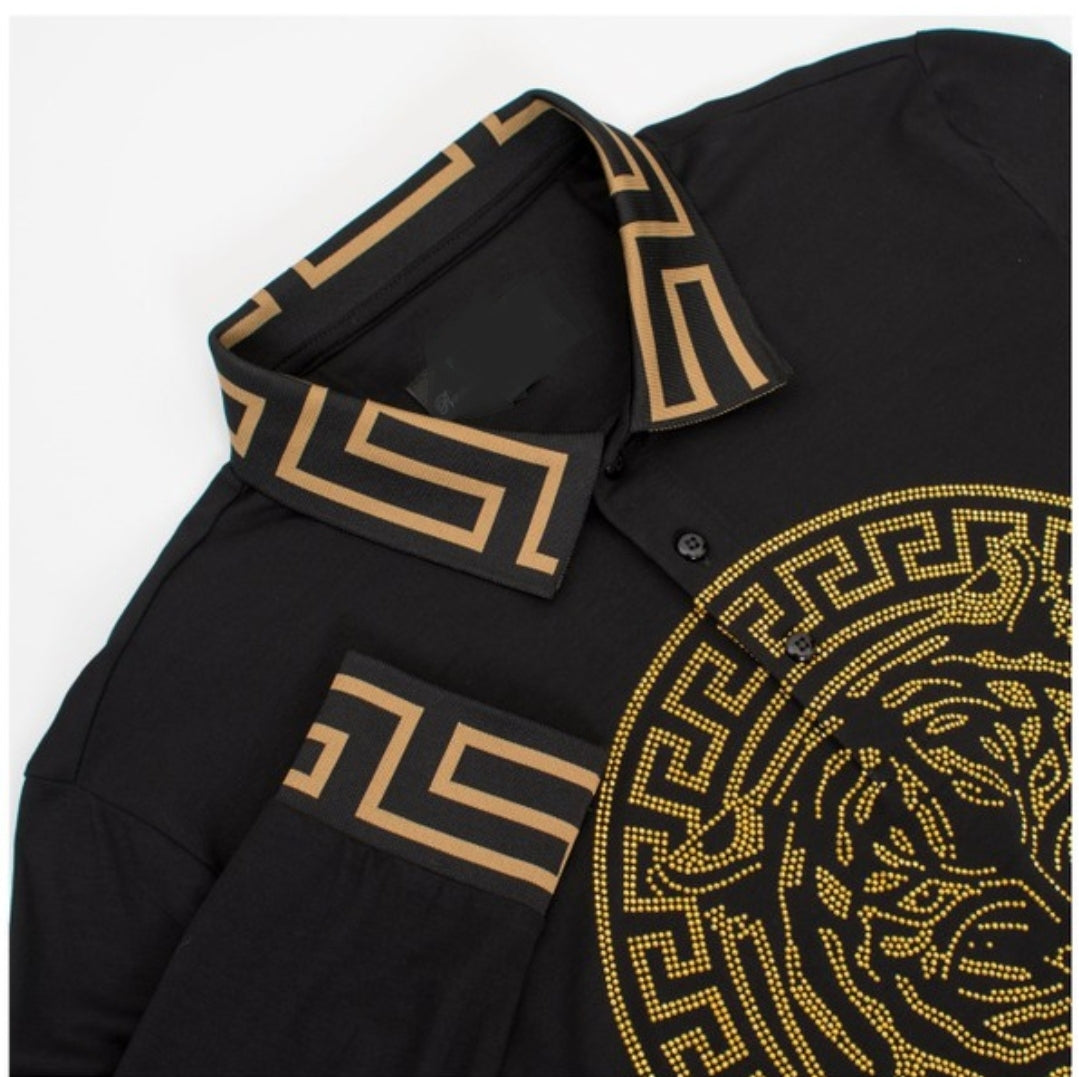 LION RHINESTONE ENCRUSTED LONG SLEEVE POLO SHIRT