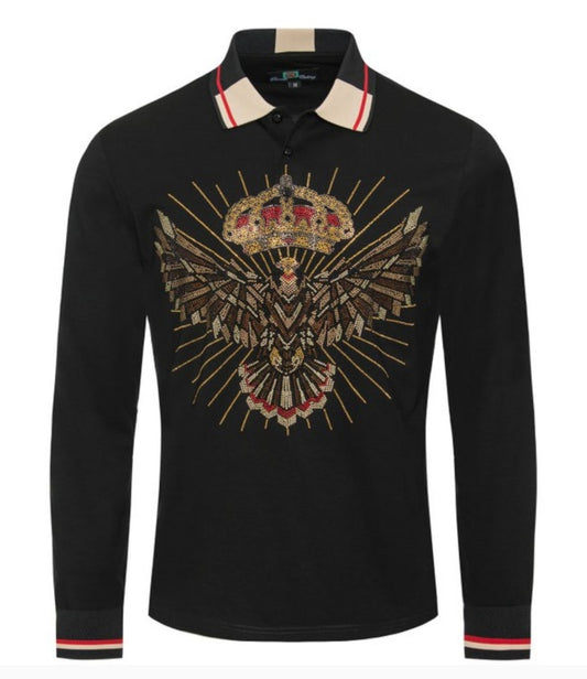 RHINESTONE EMBELLISHED ENCRUSTED LONG SLEEVE POLO SHIRT