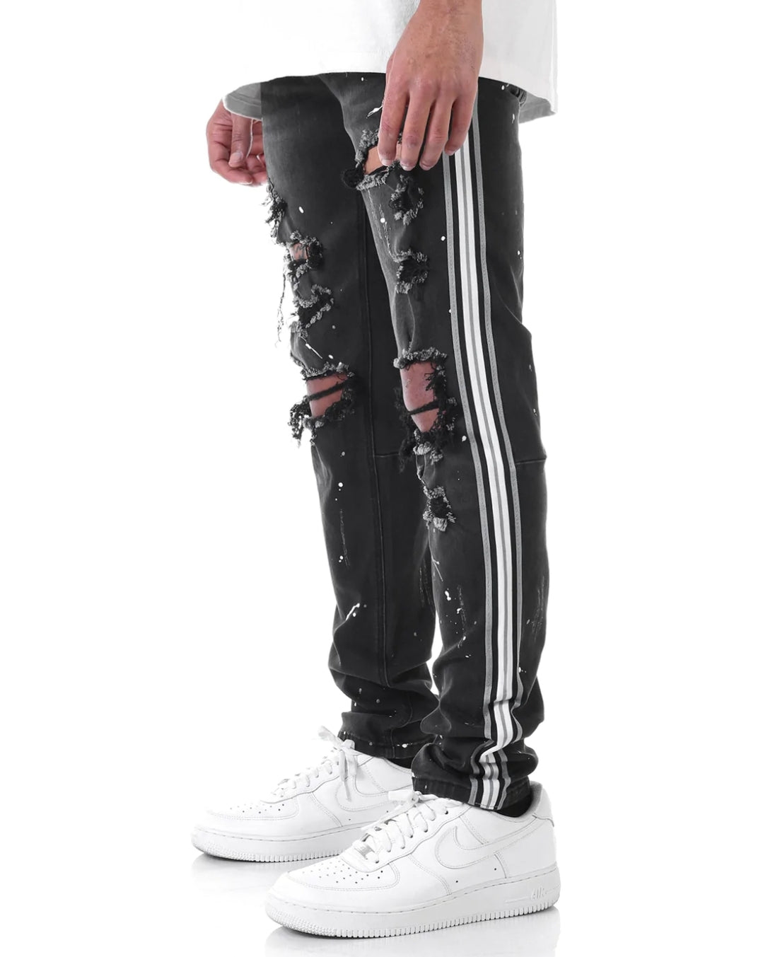 MULTI STRIPED PAINT SPLATTERED JEANS