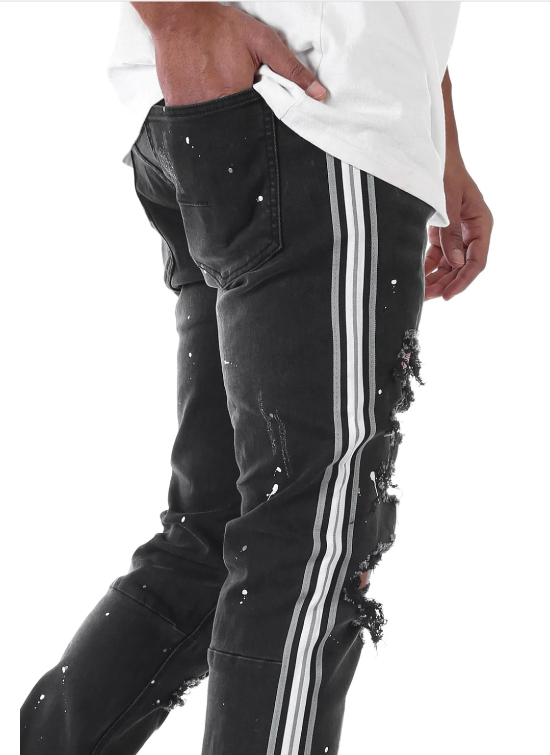 MULTI STRIPED PAINT SPLATTERED JEANS