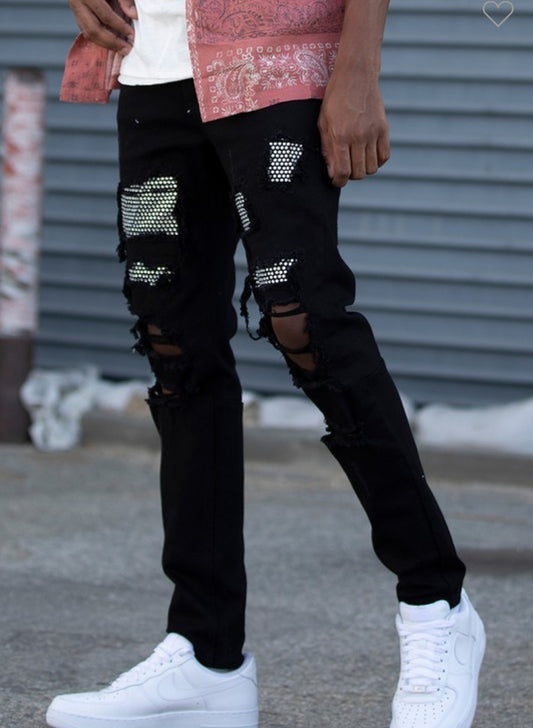 RHINESTONE PATCHED RIPPED DESTROYED JEANS