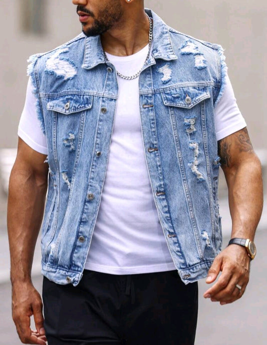RIPPED FRAYED VEST DENIM JACKET