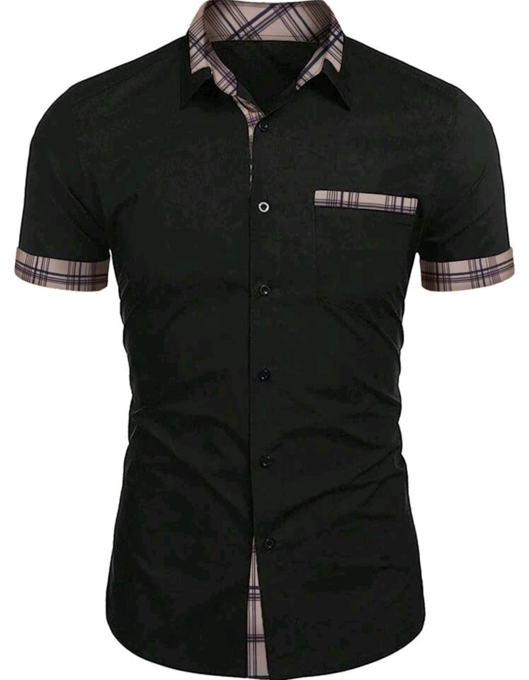 MEN CONTRAST PLAID COLLAR SHORT SLEEVE SHIRT