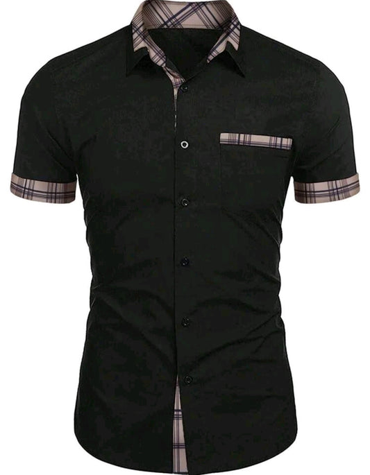 MEN CONTRAST PLAID COLLAR SHORT SLEEVE SHIRT