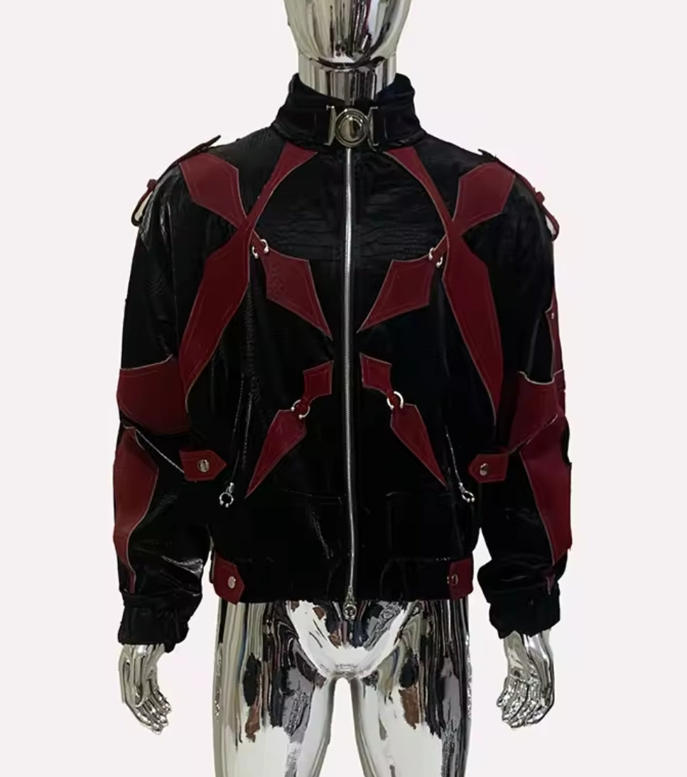 CROCODILE PRINT PATCHWORK PU LEATHER JACKET