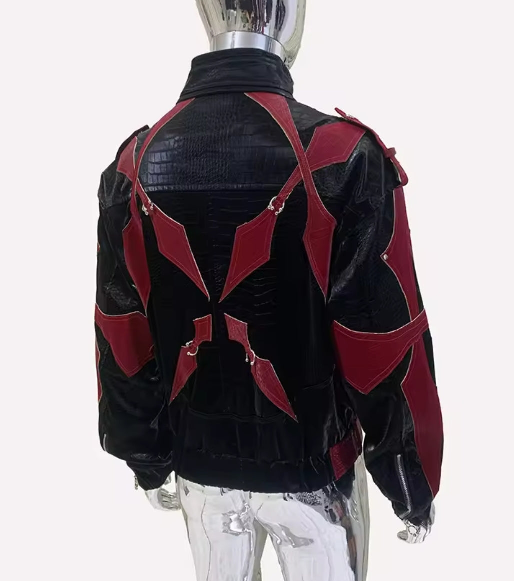 CROCODILE PRINT PATCHWORK PU LEATHER JACKET