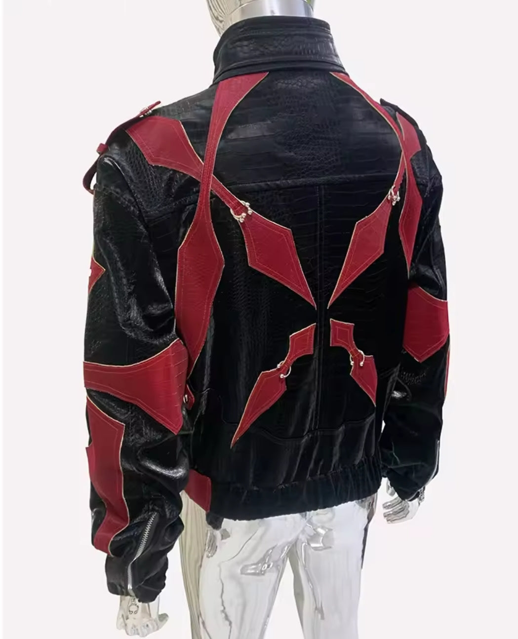 CROCODILE PRINT PATCHWORK PU LEATHER JACKET