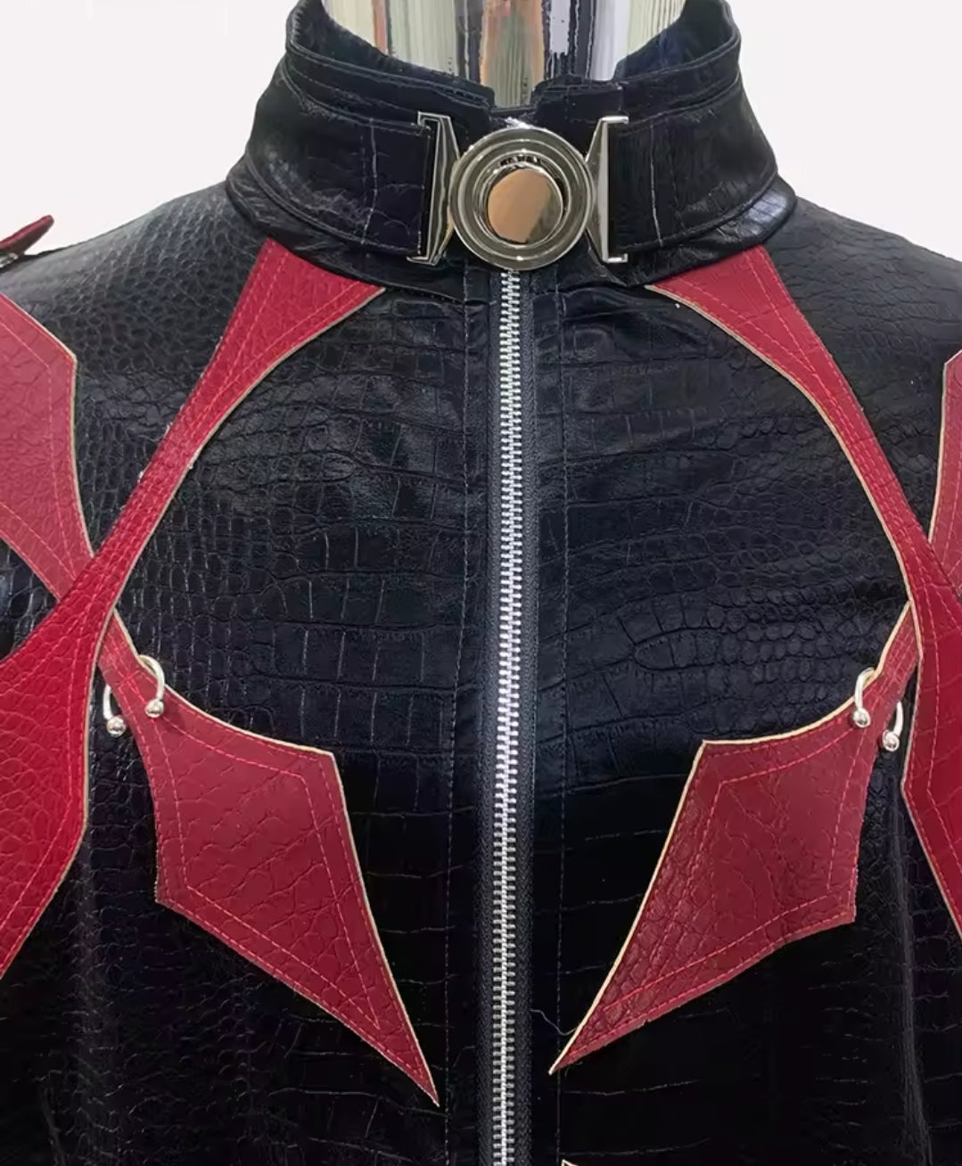 CROCODILE PRINT PATCHWORK PU LEATHER JACKET
