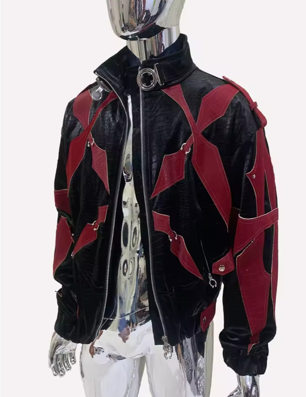 CROCODILE PRINT PATCHWORK PU LEATHER JACKET