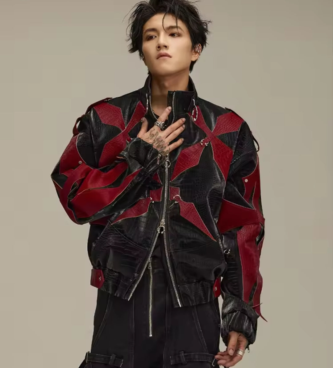 CROCODILE PRINT PATCHWORK PU LEATHER JACKET