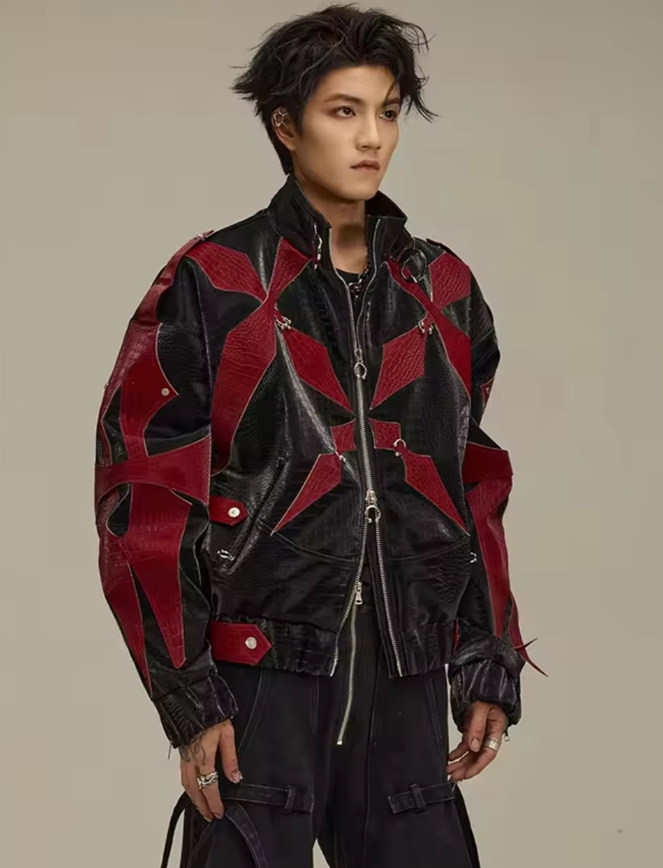 CROCODILE PRINT PATCHWORK PU LEATHER JACKET