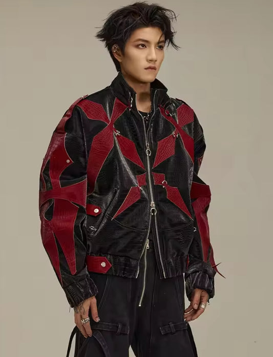 CROCODILE PRINT PATCHWORK PU LEATHER JACKET