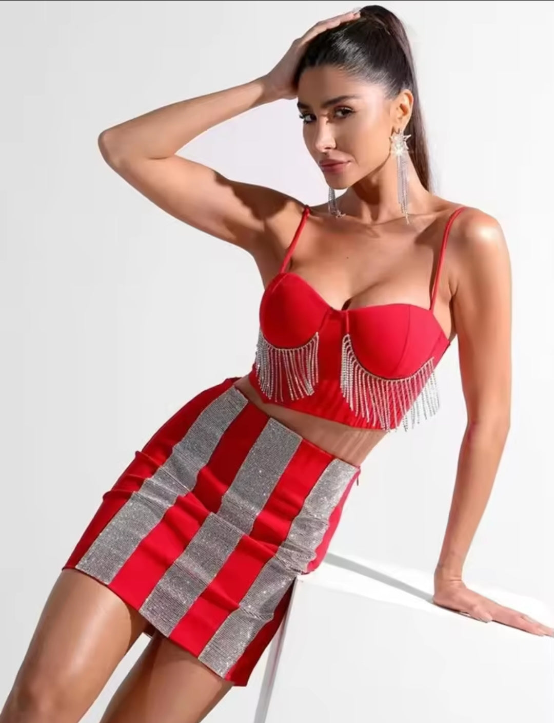 SEXY SLEEVELESS DIAMONDS SPARKLY BANDAGE TOP & SKIRT SET