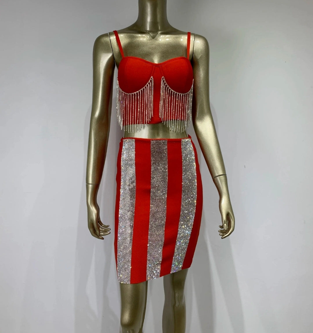 SEXY SLEEVELESS DIAMONDS SPARKLY BANDAGE TOP & SKIRT SET