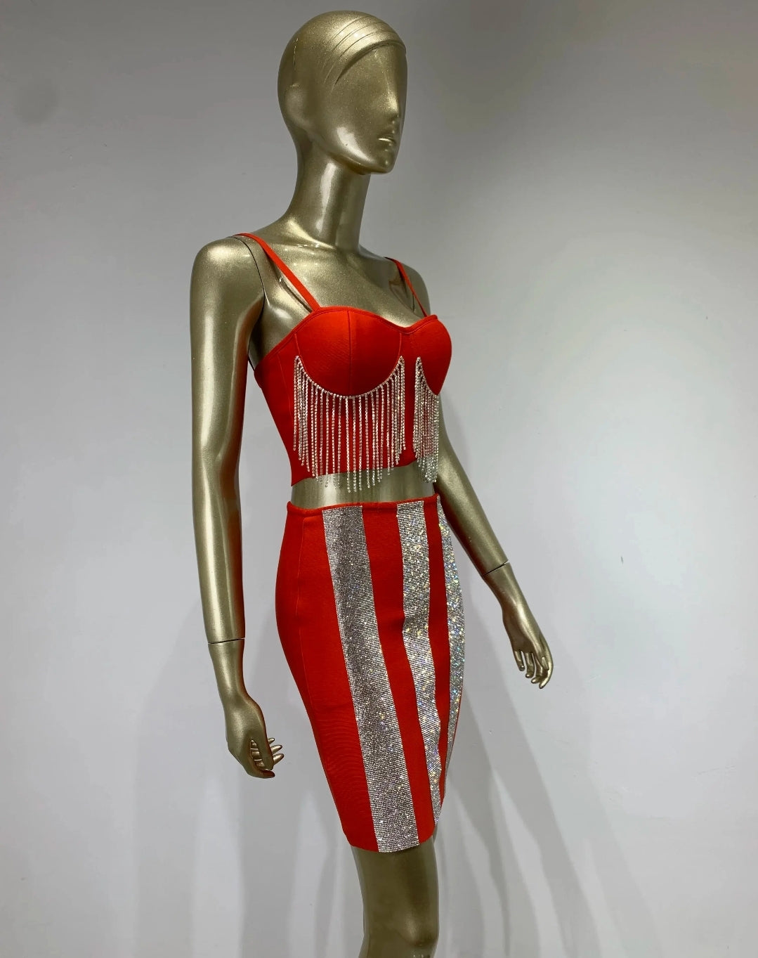 SEXY SLEEVELESS DIAMONDS SPARKLY BANDAGE TOP & SKIRT SET