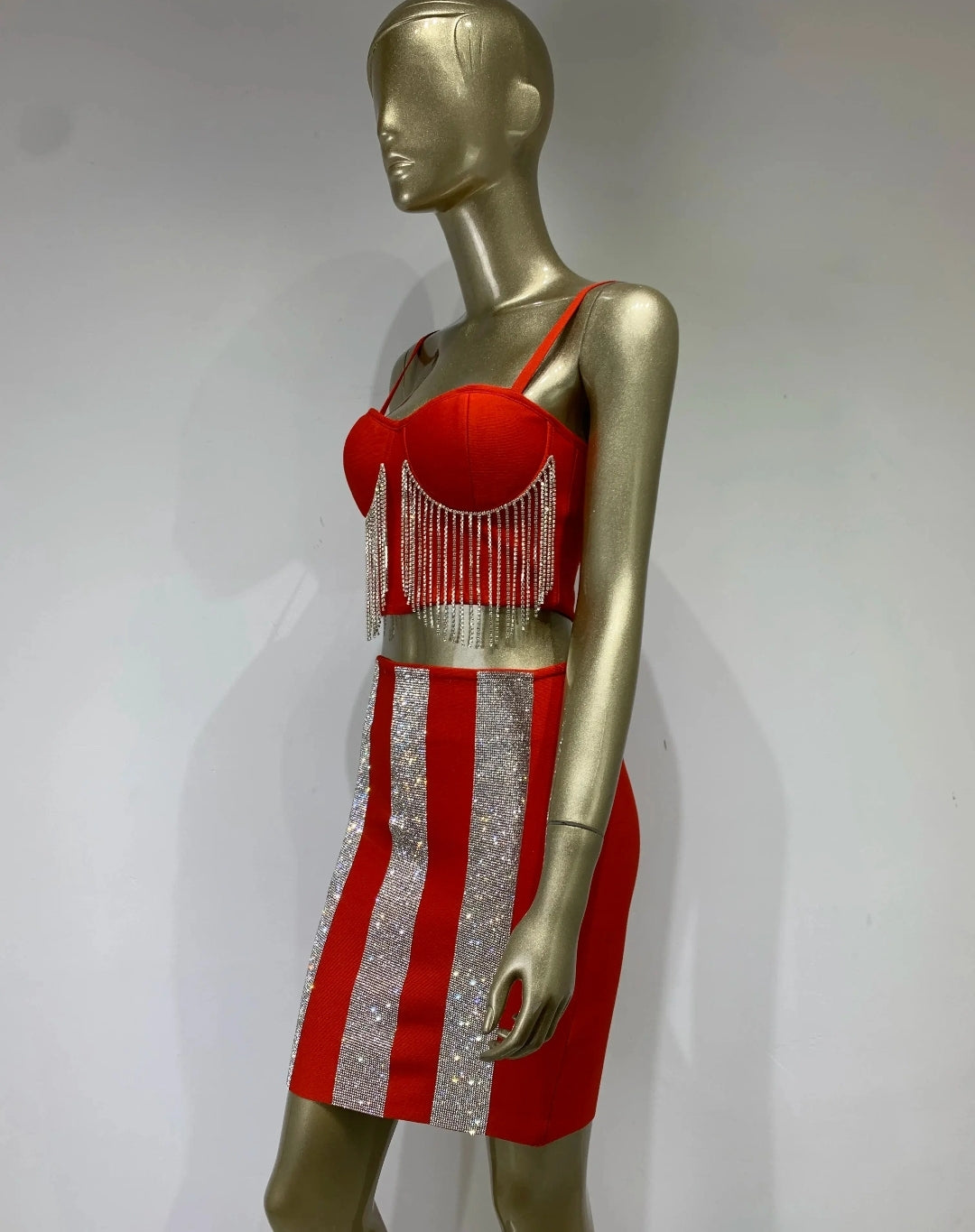 SEXY SLEEVELESS DIAMONDS SPARKLY BANDAGE TOP & SKIRT SET