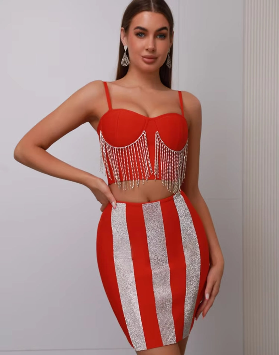 SEXY SLEEVELESS DIAMONDS SPARKLY BANDAGE TOP & SKIRT SET