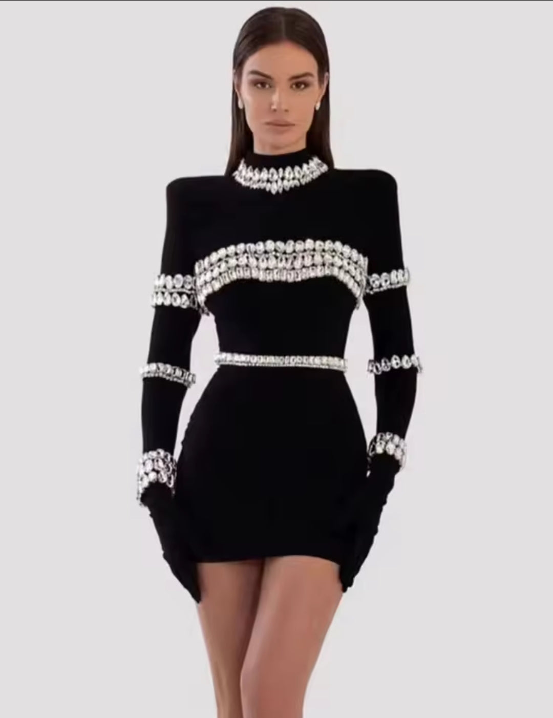 MILA BANDAGE BEADING LONG SLEEVE MINI DRESS