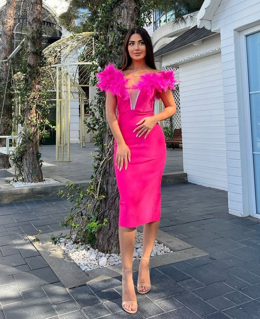 FEATHER PLUNGE BANDAGE MIDI DRESS