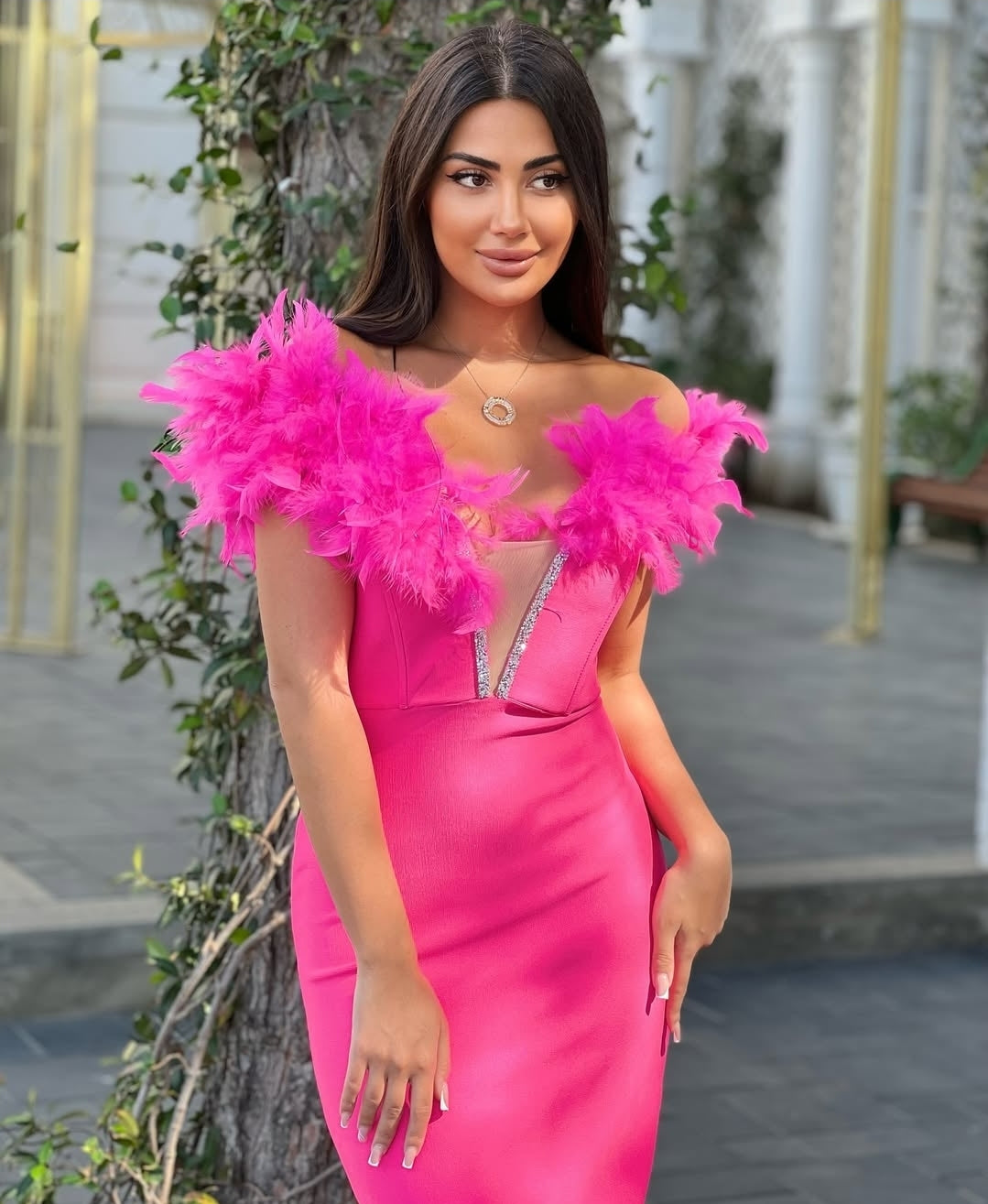 FEATHER PLUNGE BANDAGE MIDI DRESS