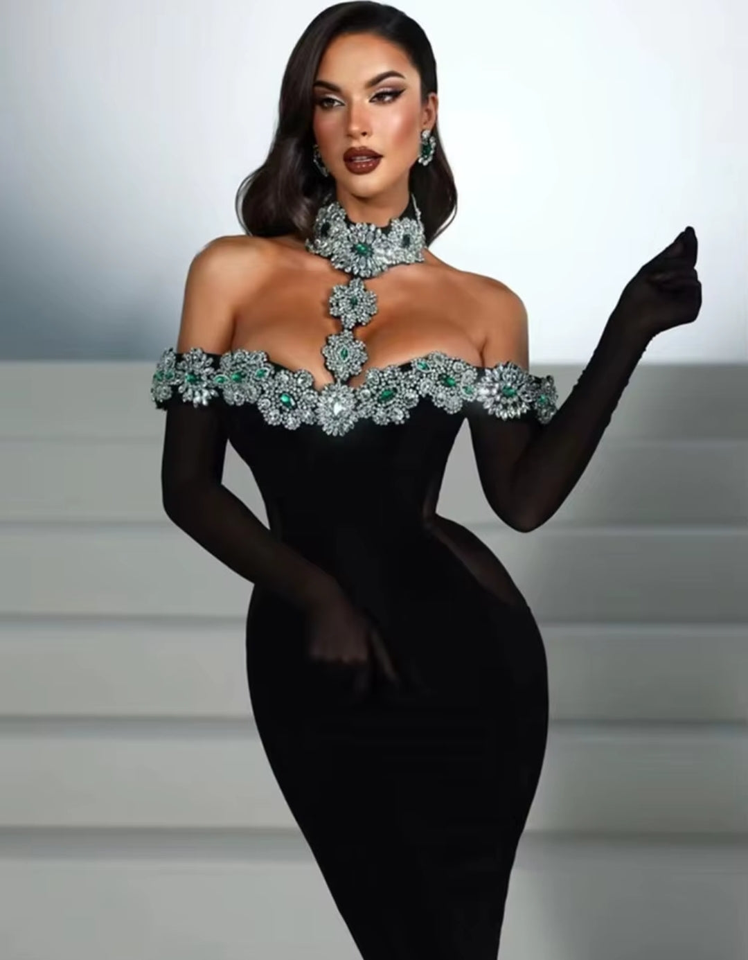 LUXE EMBELLISHED DIAMONDS CRYSTAL BANDAGE BODYCON MAXI DRESS